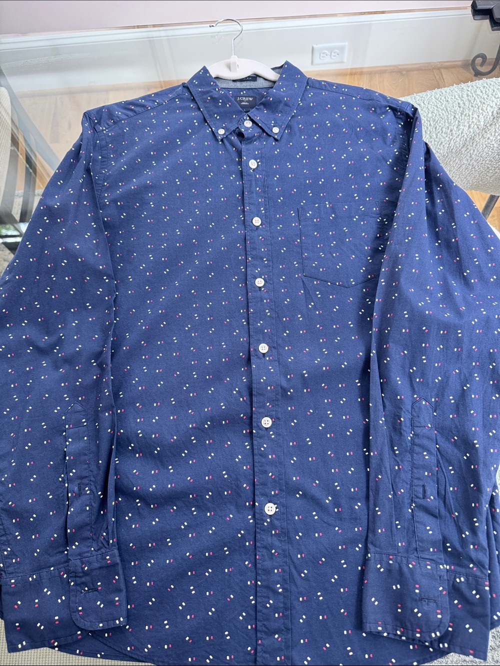 J. Crew Navy Button-Up Shirt with White and red Micro Dots